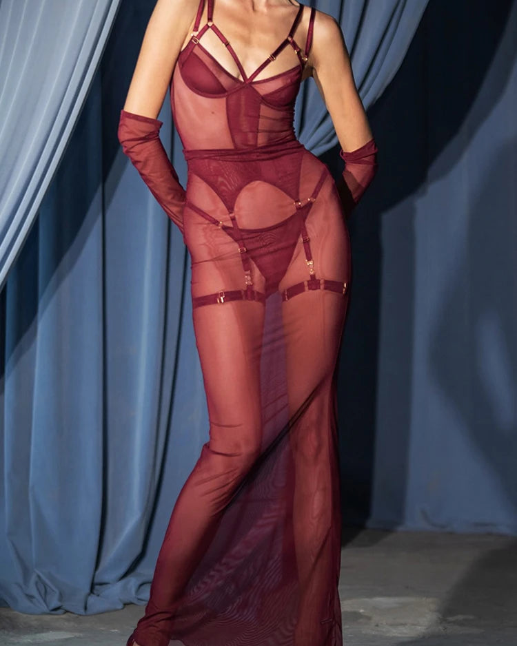 Burgundy Sheer Mesh Lingerie Set with Maxi Skirt & Gloves
