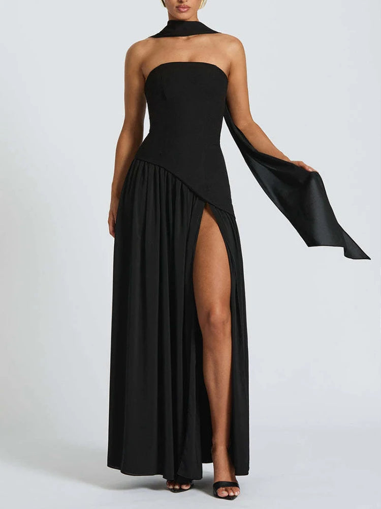 Strapless Pleated Maxi Dress with Scarf Detail and High Slit for Women
