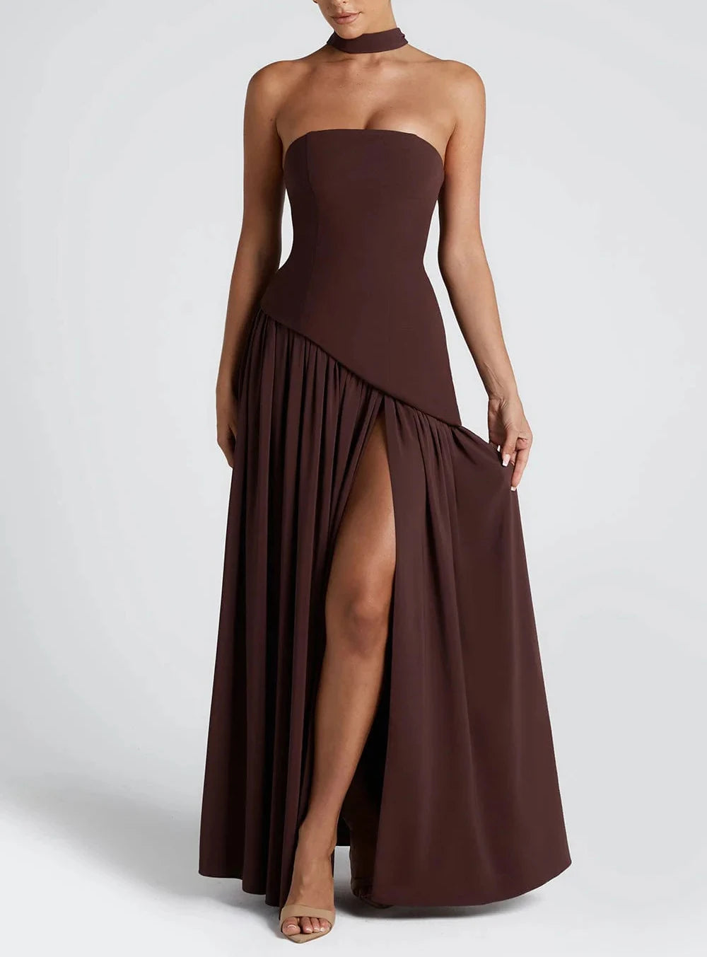 Strapless Pleated Maxi Dress with Scarf Detail and High Slit for Women
