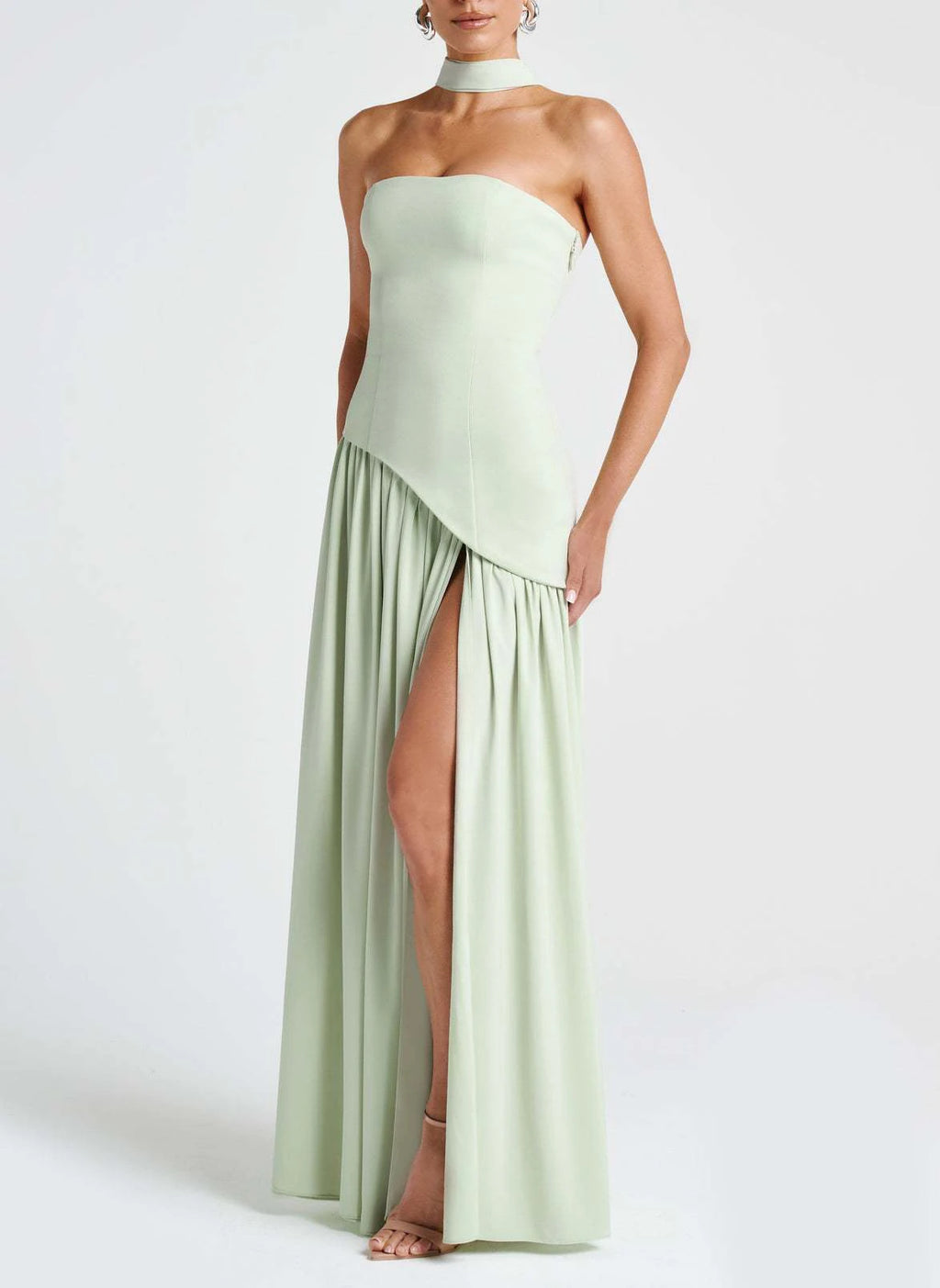 Strapless Pleated Maxi Dress with Scarf Detail and High Slit for Women