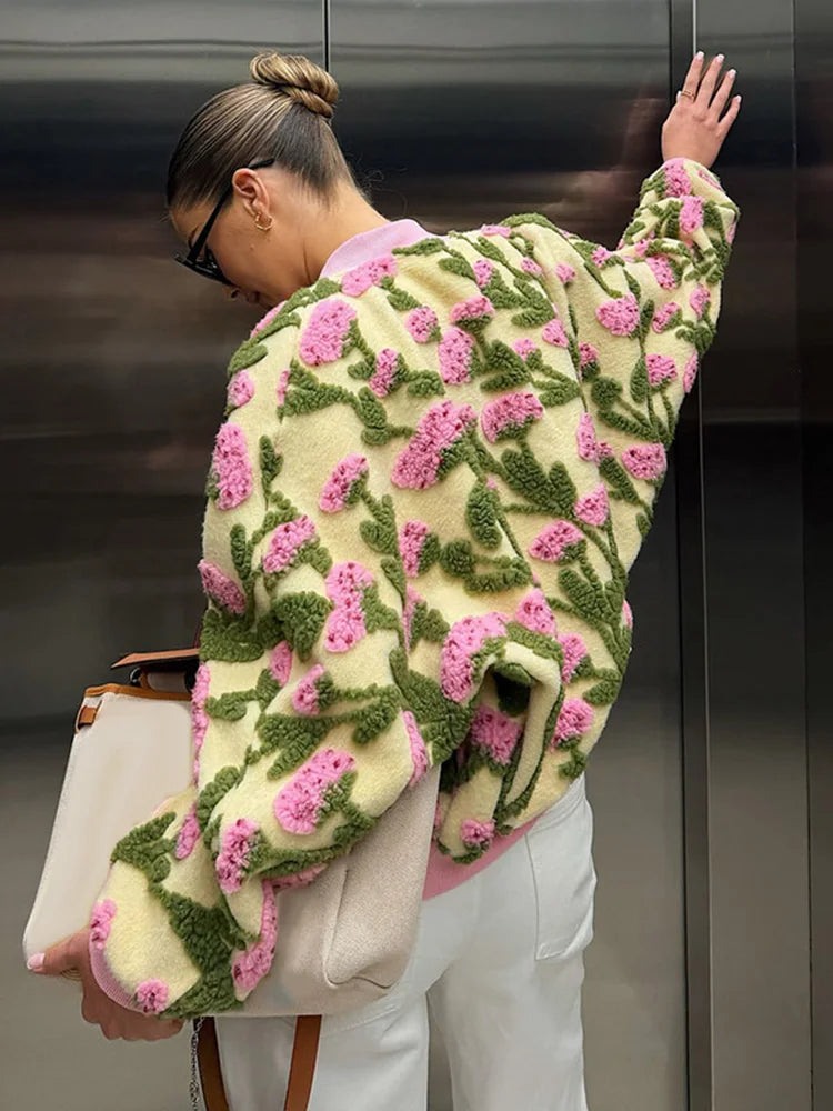 3D Floral Bomber Jacket for Women – Oversized Zip-Up Spring Statement Outerwear