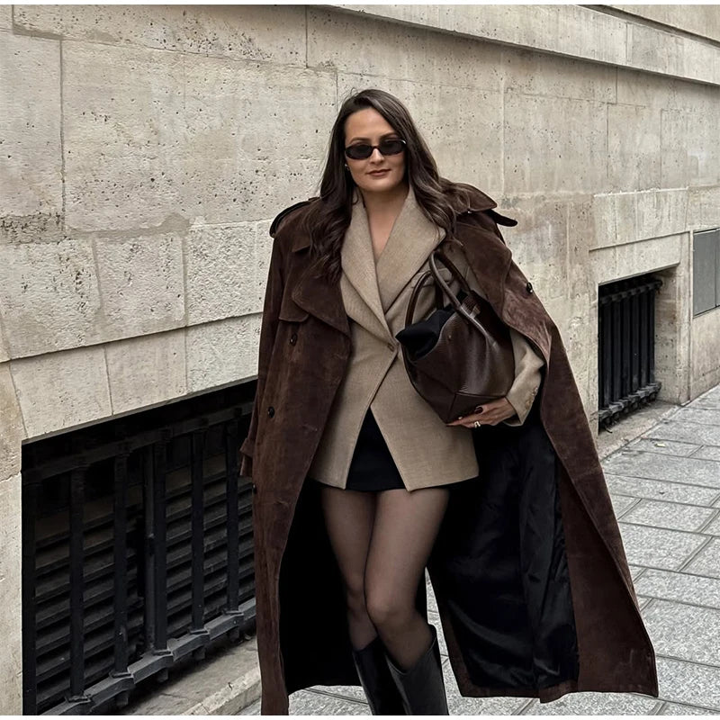 Brown Suede Long Overcoat for Women – Single Breasted Chic Autumn Outerwear