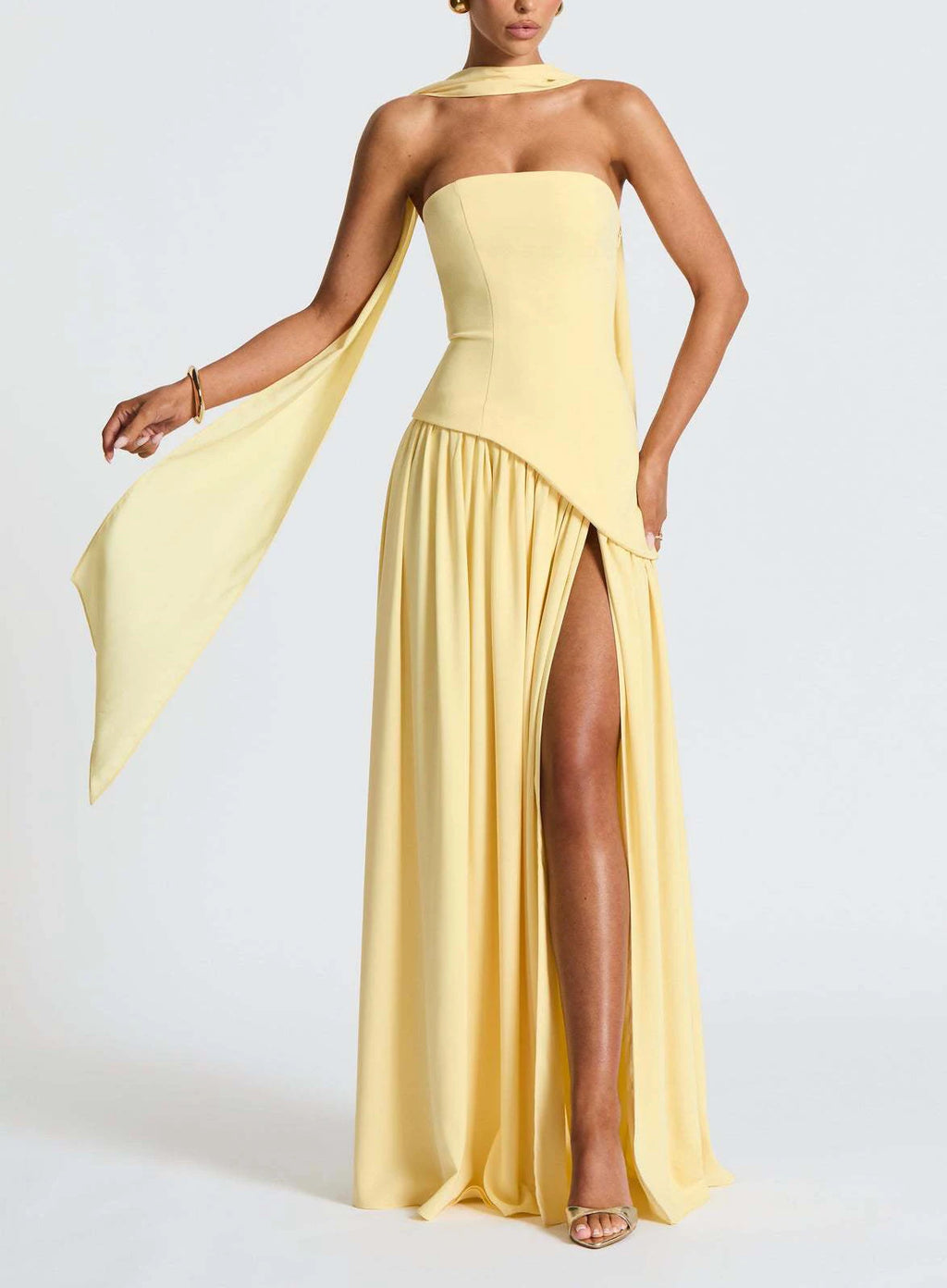 Strapless Pleated Maxi Dress with Scarf Detail and High Slit for Women