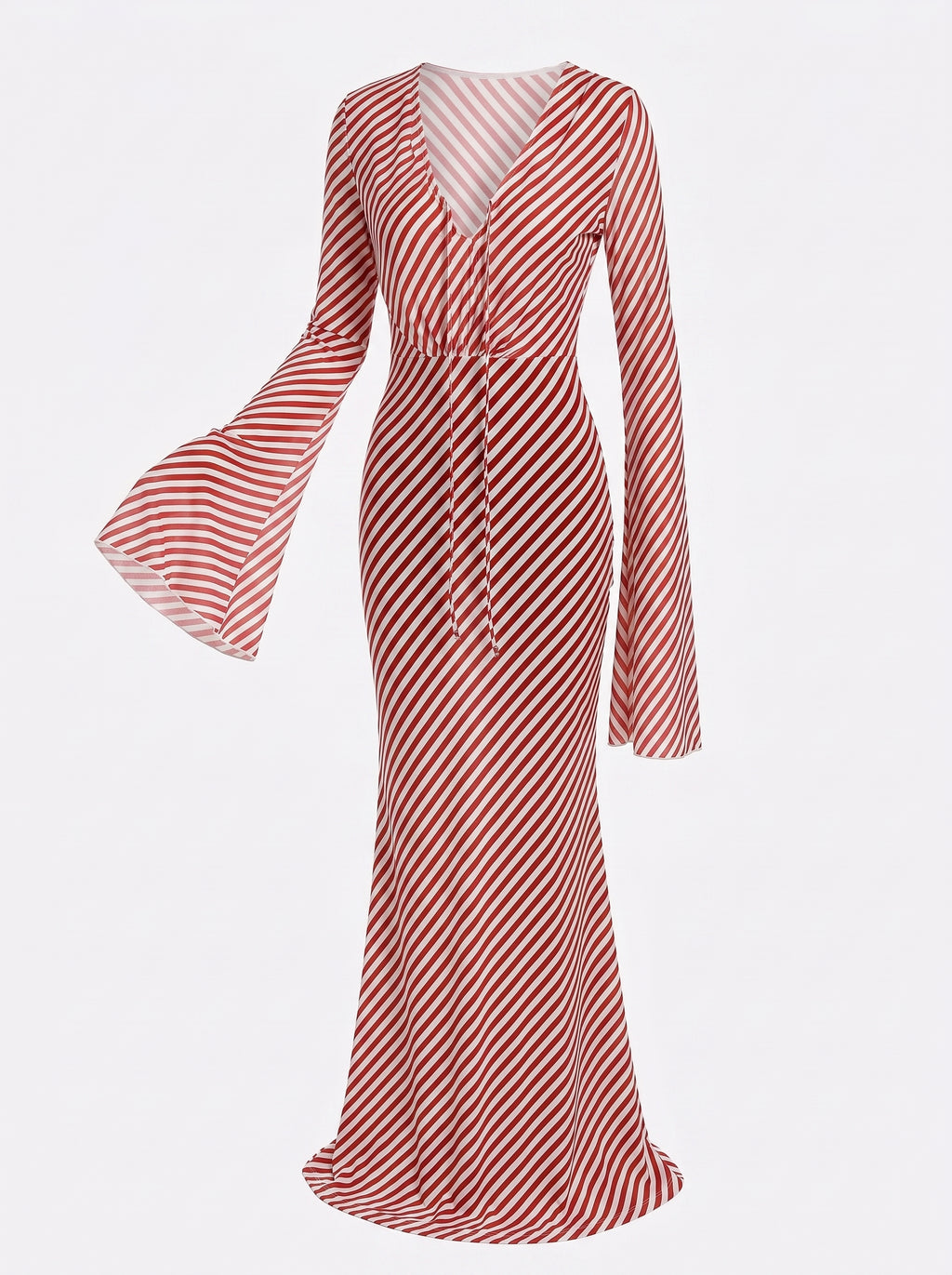 Red White Striped Chiffon Beach Dress Long Sleeve Backless Bikini Cover Up Maxi Dress