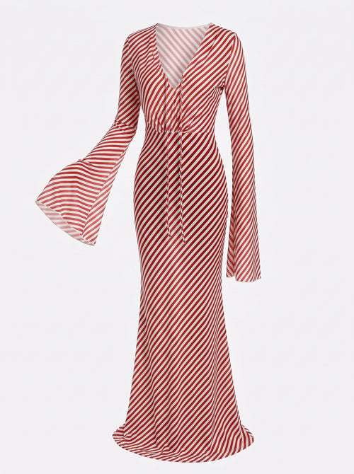 Red White Striped Chiffon Beach Dress Long Sleeve Backless Bikini Cover Up Maxi Dress
