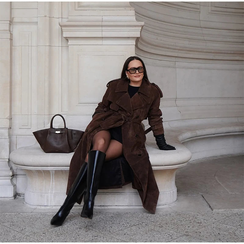 Brown Suede Long Overcoat for Women – Single Breasted Chic Autumn Outerwear