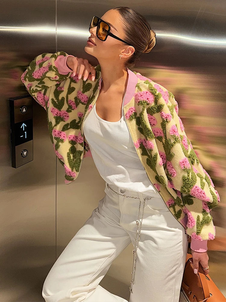 3D Floral Bomber Jacket for Women – Oversized Zip-Up Spring Statement Outerwear