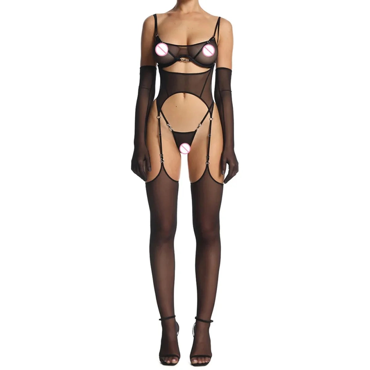 Mesh Breathable Lingerie 6 Piece Set – Ultra Thin Body Shaping Stocking Bodysuit with Garters