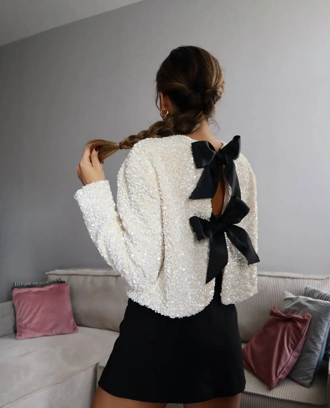 Sequin Cropped Jacket with Bow Detail – Women’s Elegant Party Jacket