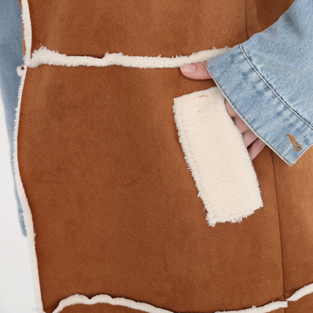 Bridget Patchwork Denim Coat with Faux Shearling – Women’s Long Winter Coat