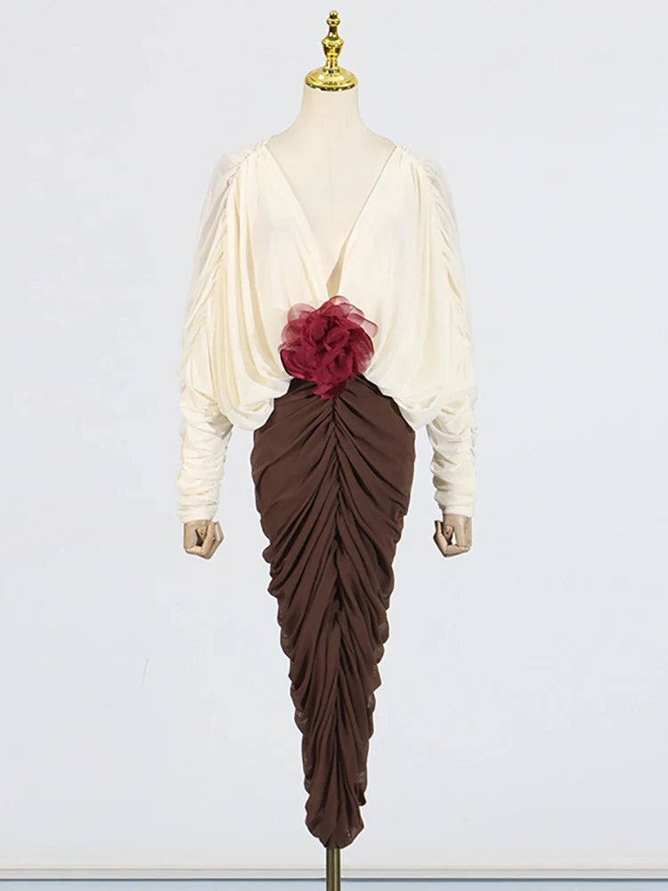 Elegant V-neck two-tone midi dress with pleated skirt and red 3D flower detail