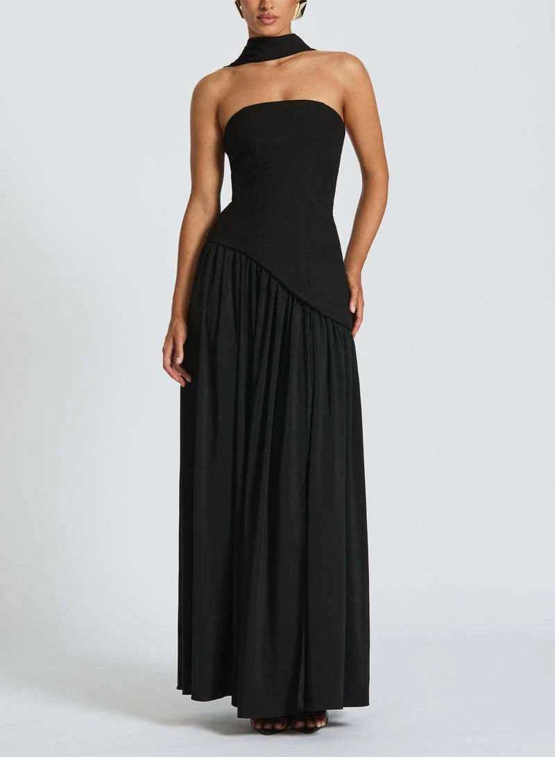 Strapless Pleated Maxi Dress with Scarf Detail and High Slit for Women