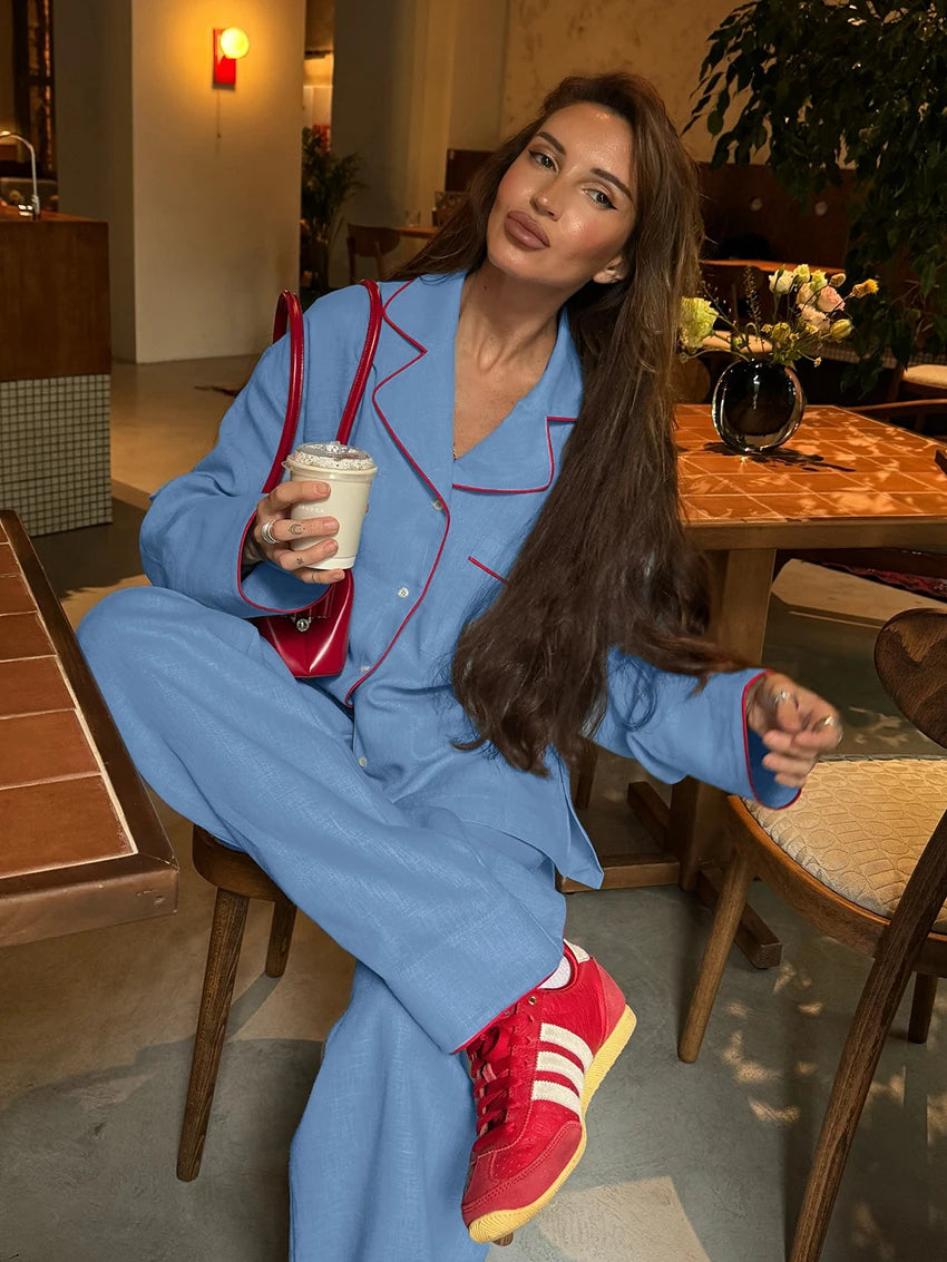 Cotton Blue Pajama Set for Women – Long Sleeve Button-Down Sleepwear with Pants