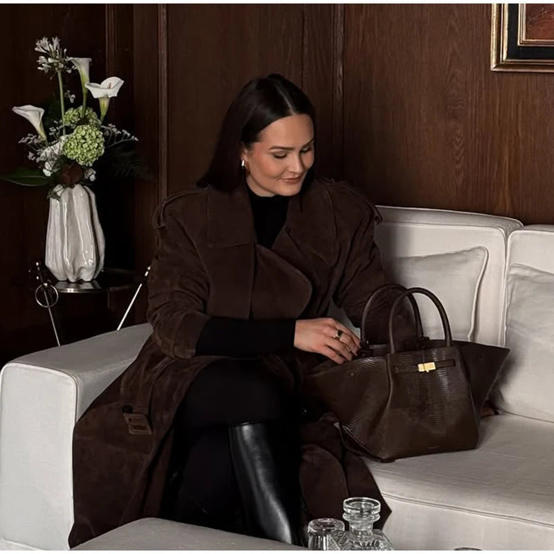 Brown Suede Long Overcoat for Women – Single Breasted Chic Autumn Outerwear