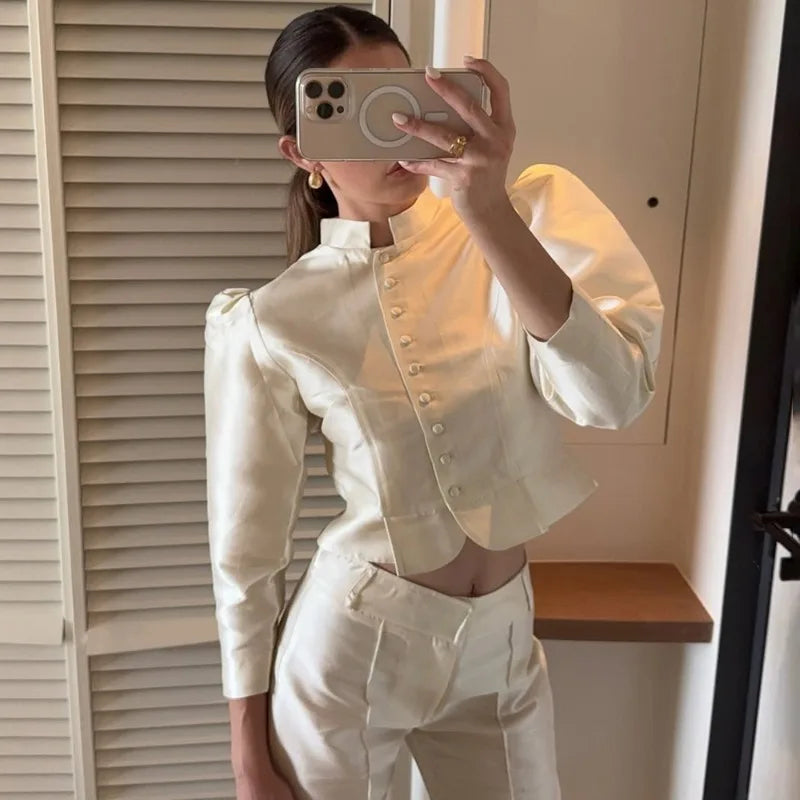 Elegant Puff Sleeve Button Jacket for Women – High Street Cropped Blazer Top in White, Black & Brown | Luxury Party & Chic Officewear