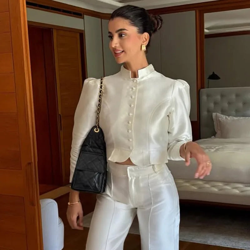 Elegant Puff Sleeve Button Jacket for Women – High Street Cropped Blazer Top in White, Black & Brown | Luxury Party & Chic Officewear