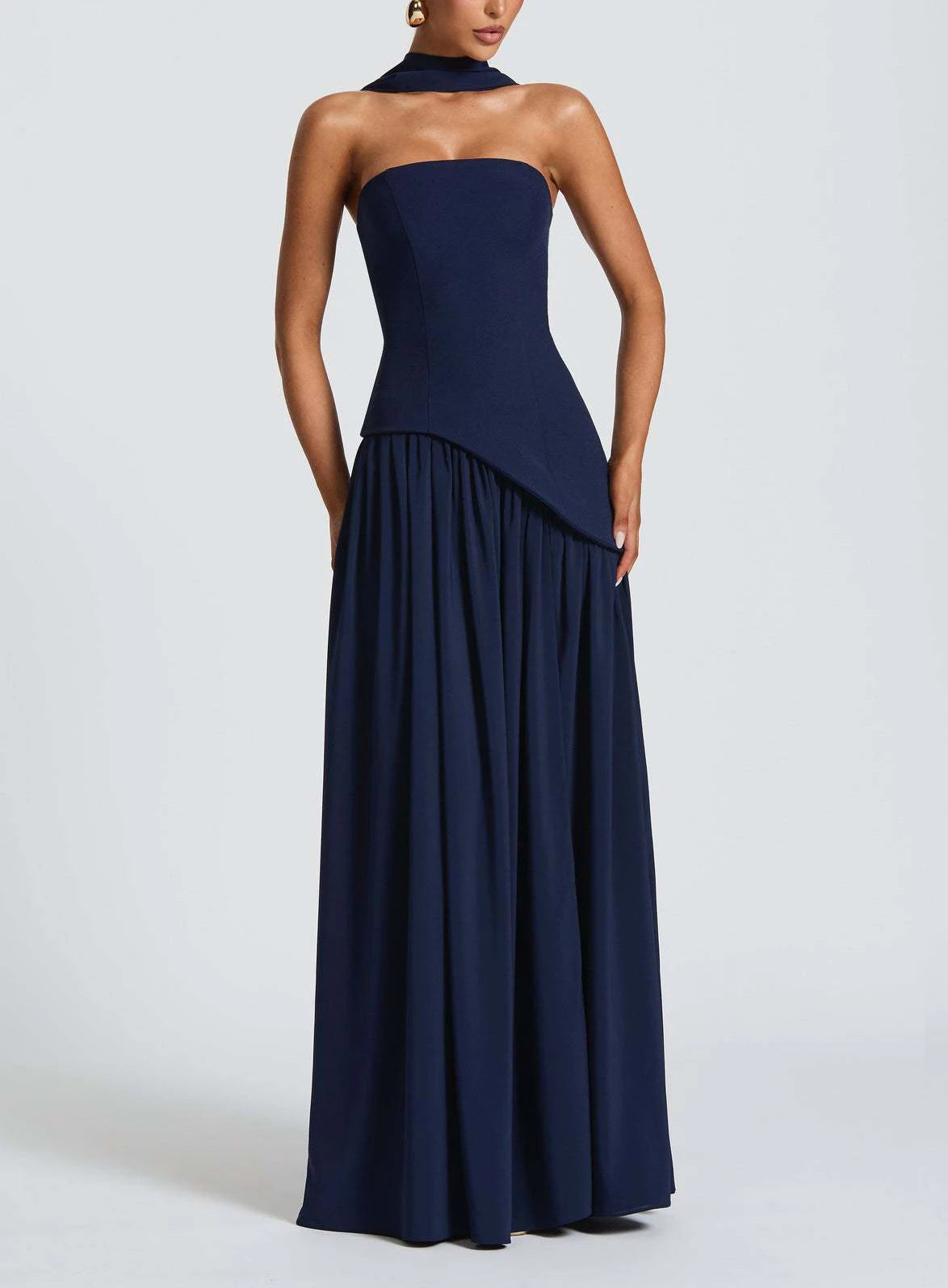 Strapless Pleated Maxi Dress with Scarf Detail and High Slit for Women