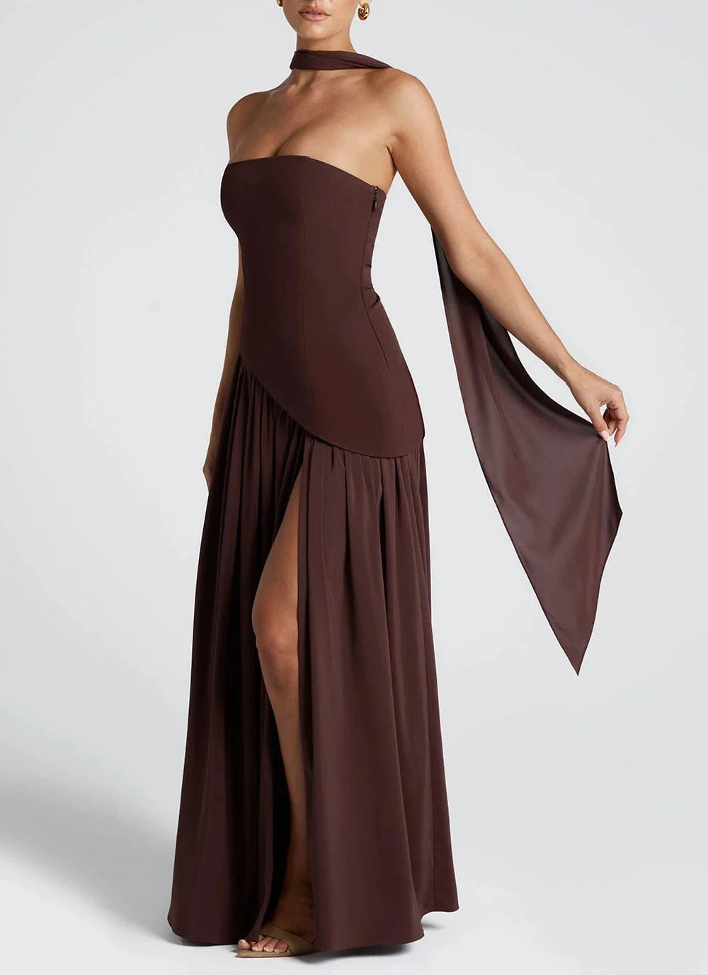 Strapless Pleated Maxi Dress with Scarf Detail and High Slit for Women