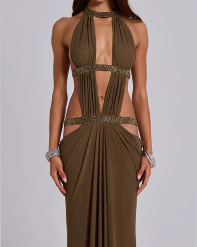 Olive Green Sequin Halter Maxi Dress with Open Back and Cutouts