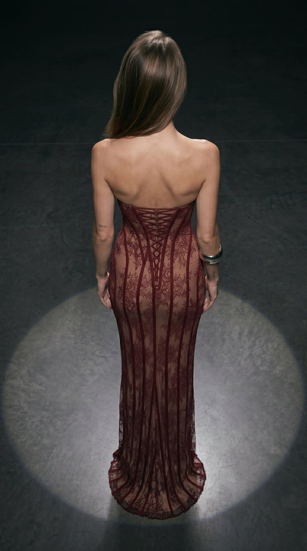 Sheer Lace Strapless Corset Maxi Dress – Black and Burgundy Evening Gown