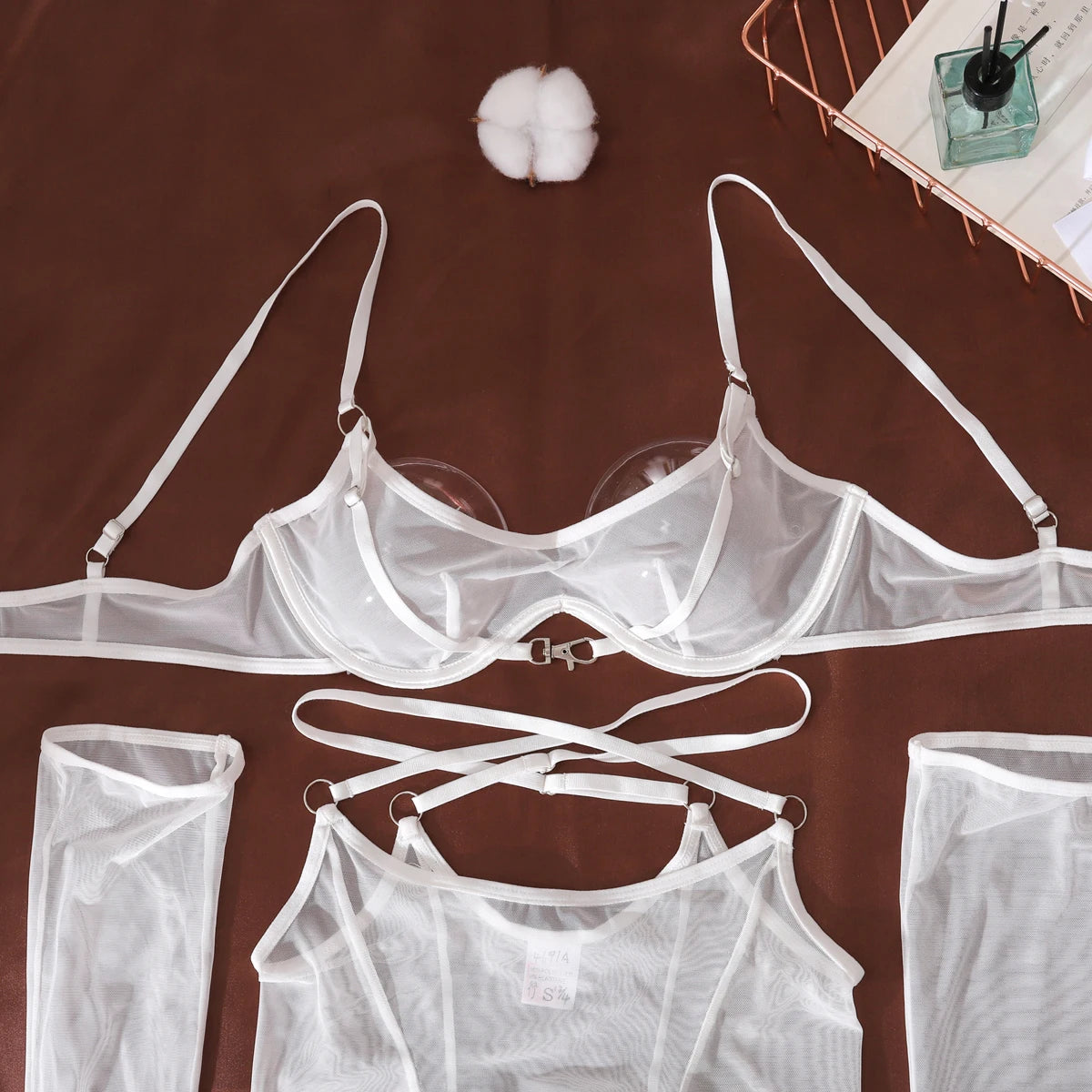 Mesh Breathable Lingerie 6 Piece Set – Ultra Thin Body Shaping Stocking Bodysuit with Garters