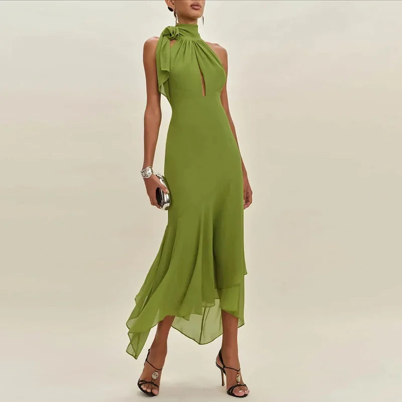 Green Halter Neck Ruffle Long Dress – Elegant Backless Slim Fit Summer Party Maxi Dress