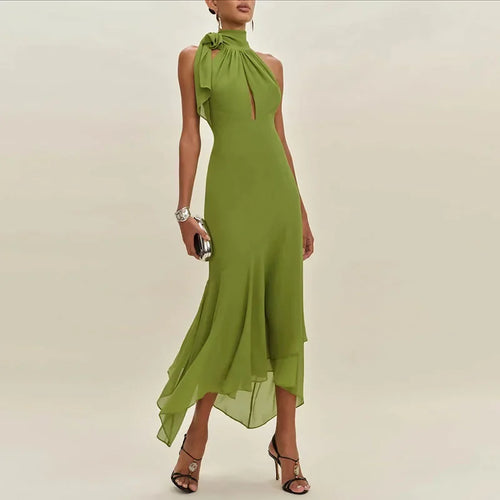 Green Halter Neck Ruffle Long Dress – Elegant Backless Slim Fit Summer Party Maxi Dress