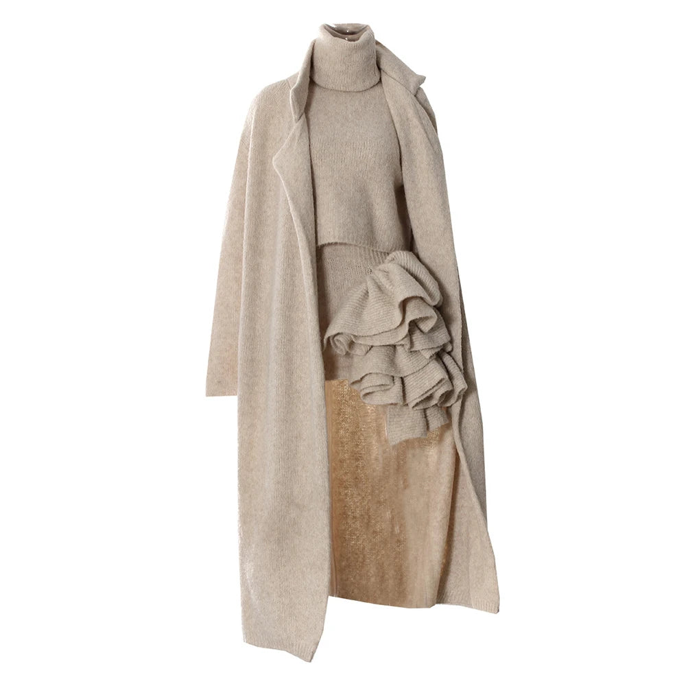 Apricot Three-Piece Set – Long Coat, High Neck Sweater & Ruffled Mini Skirt for Elegant Fall Style