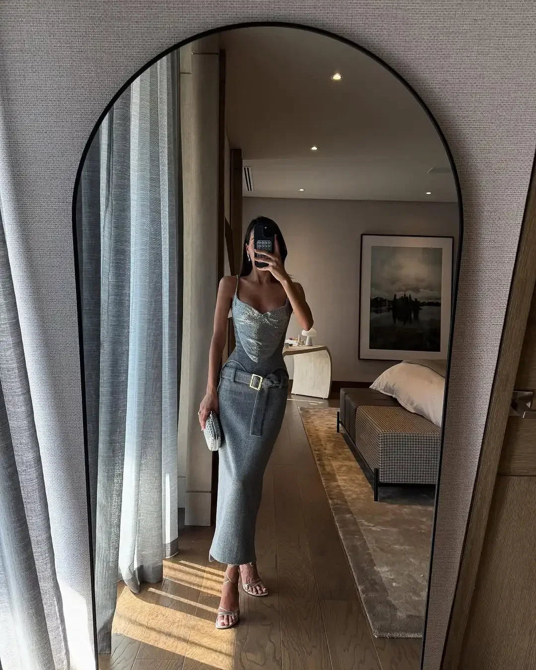 Sequin Patchwork Sleeveless Top for Women – Waist Cinching Wool Blend Club Blouse