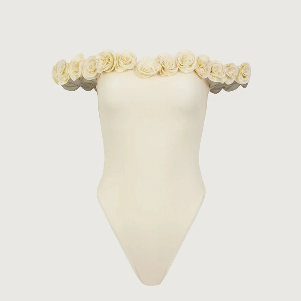 Floral Bandeau One-Piece Swimsuit – Strapless Solid Color Beachwear for Women