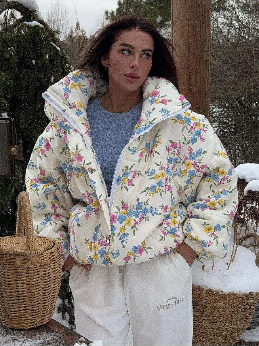 Floral Puffer Jacket with Hood – Women’s Quilted Winter Jacket