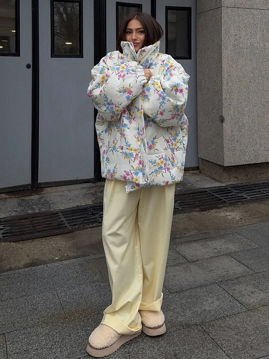 Floral Puffer Jacket with Hood – Women’s Quilted Winter Jacket