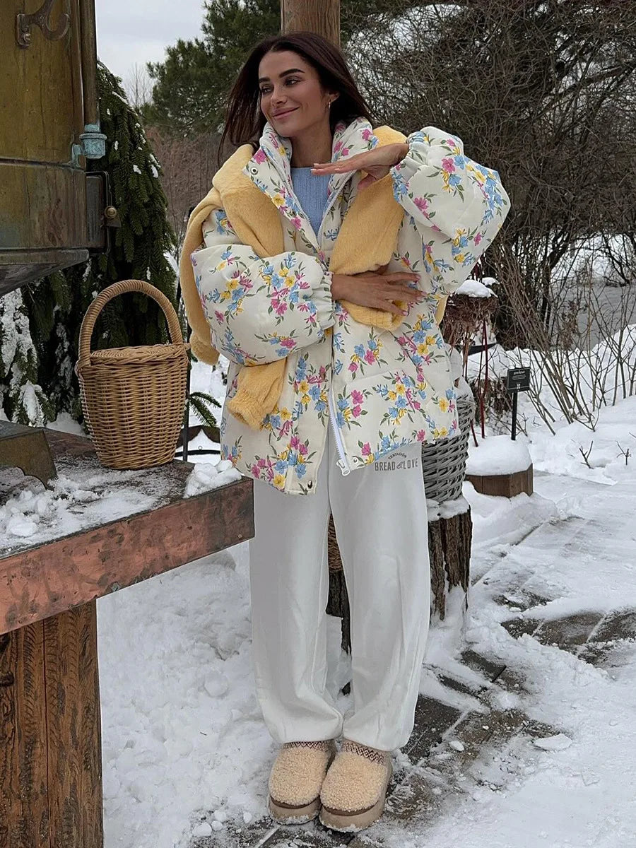 Floral Puffer Jacket with Hood – Women’s Quilted Winter Jacket