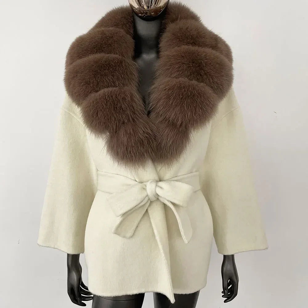 Wool Blend Coat with Fox Fur Collar – Women’s Luxury Winter Coat