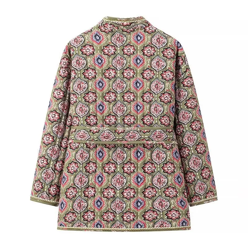 Printed Quilted Jacket with Waist Tie – Women’s Lightweight Statement Jacket