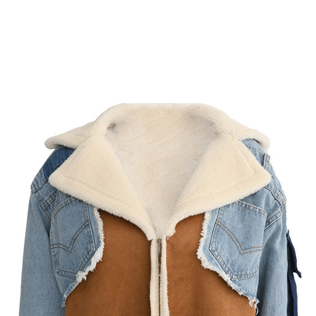 Bridget Patchwork Denim Coat with Faux Shearling – Women’s Long Winter Coat