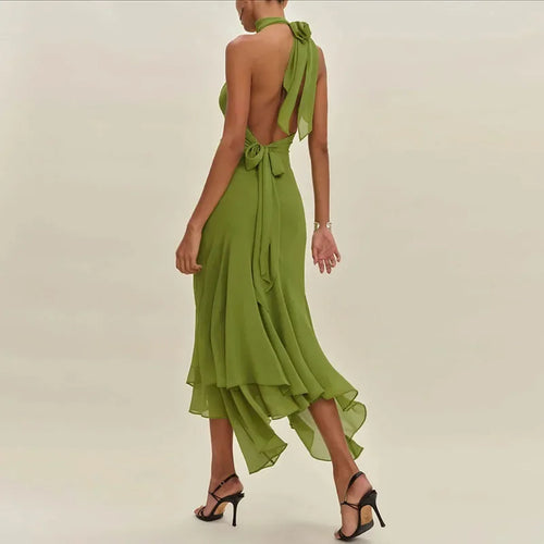 Green Halter Neck Ruffle Long Dress – Elegant Backless Slim Fit Summer Party Maxi Dress