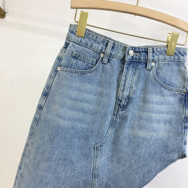 ARAYDEE ASYMMETRIC HIGH WAIST MAXI DENIM SKIRT