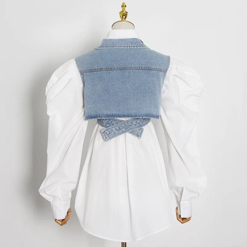 LAYLA WHITE SHIRT with PUFF SLEEVES and CROSS DENIM VEST 2 PIECE SET
