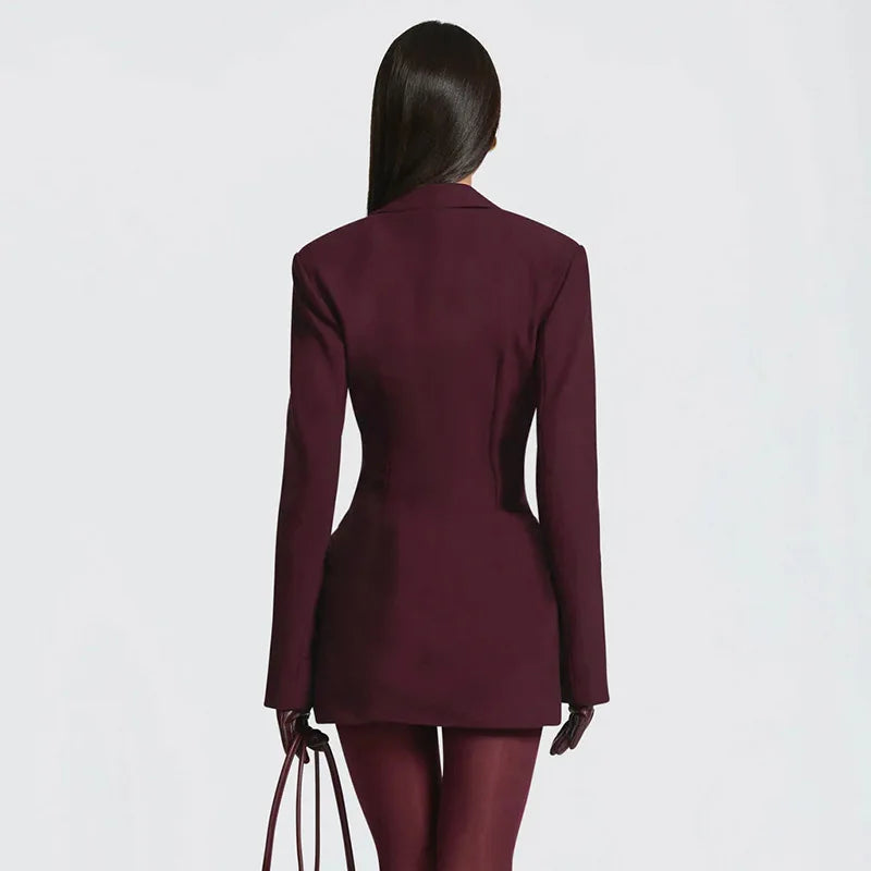 High-waist ruched mini dress with deep V-neck and tailored blazer-style sleeves in black
