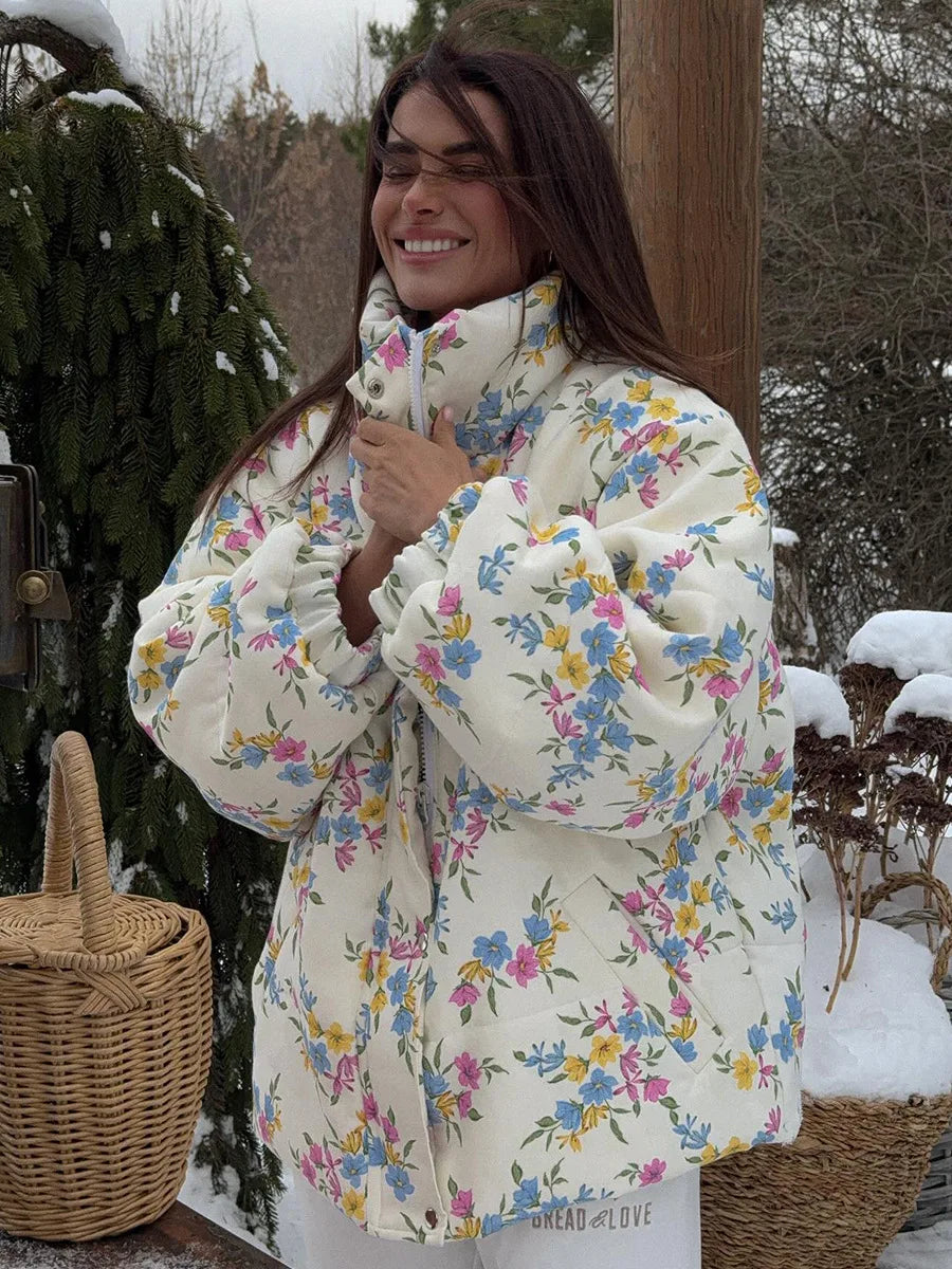 Floral Puffer Jacket with Hood – Women’s Quilted Winter Jacket