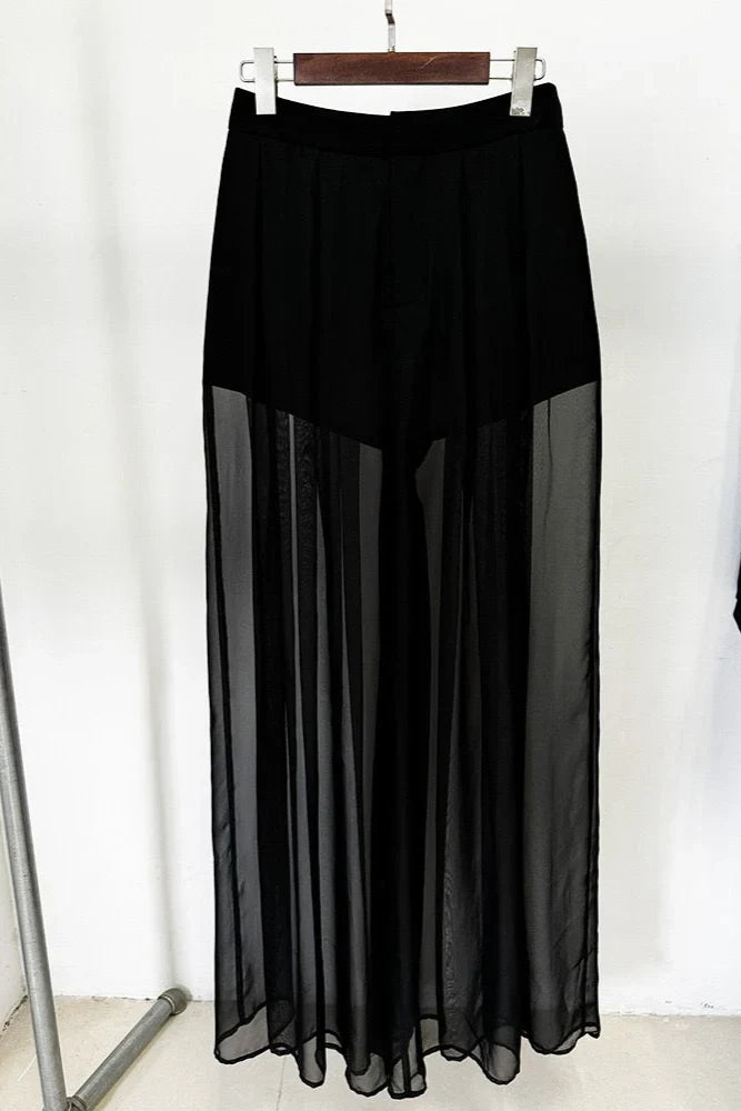 MILA EMBELLISHED BLAZER & SHEER WIDE-LEG PANT SET