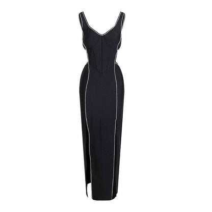 JULIETTE V NECK CRYSTAL SIDE SLIT BLACK MAXI DRESS