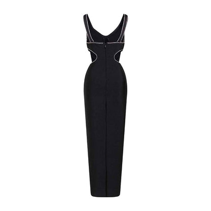 JULIETTE V NECK CRYSTAL SIDE SLIT BLACK MAXI DRESS