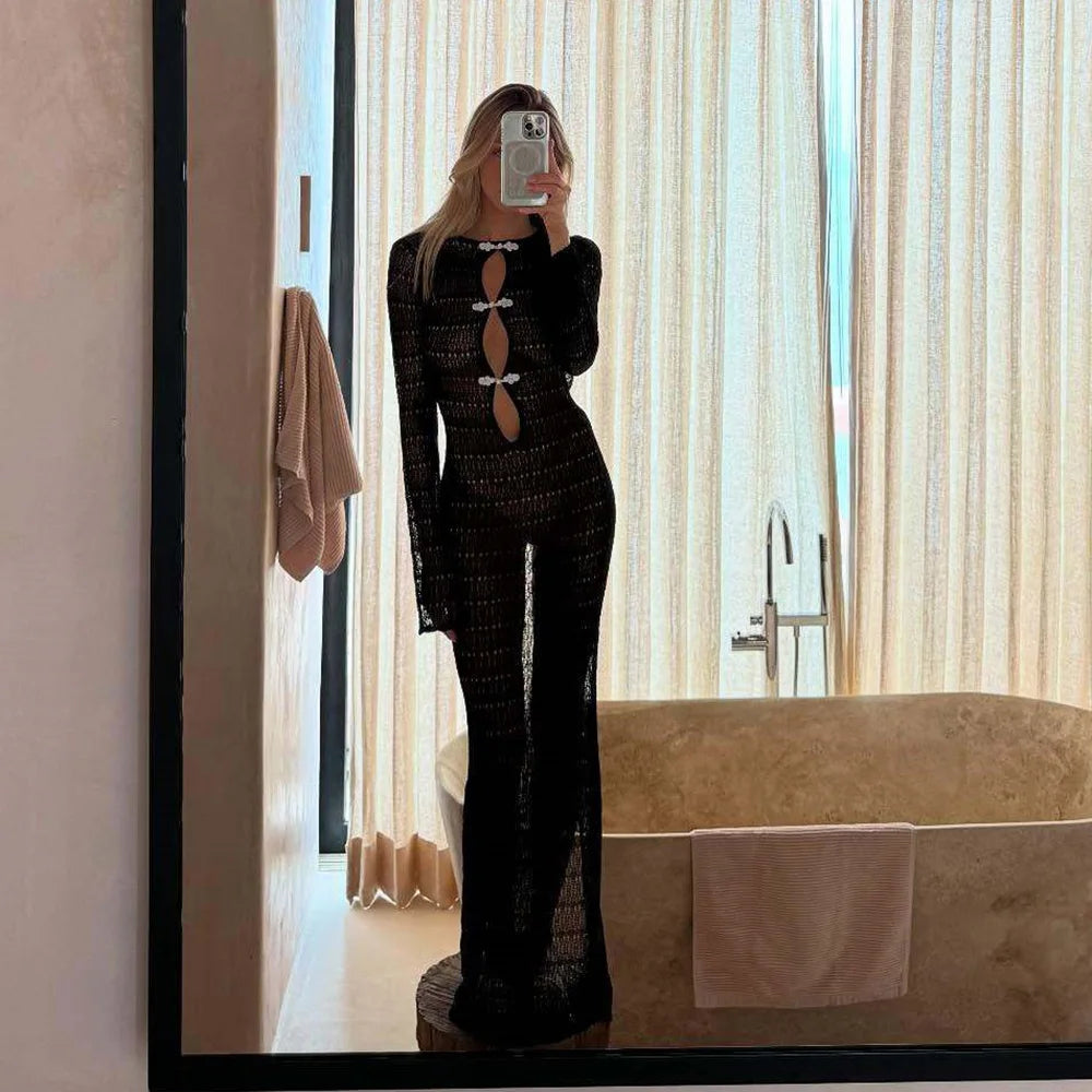 Knitted Backless Cover Up Dress for Women – Long Sleeve Hollow Out Beach Dress