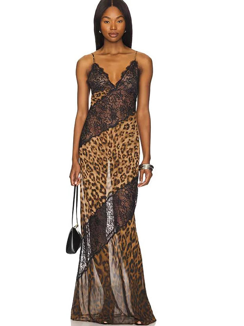 Leopard Print Lace Maxi Dress – Sexy Spaghetti Strap See-Through V-Neck Evening Party Dress