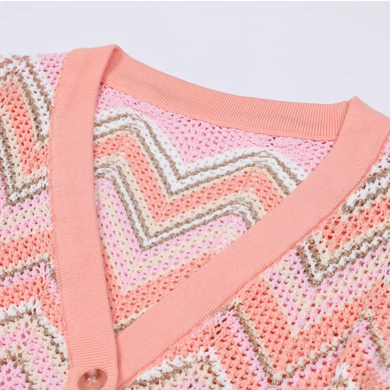 Pink Zigzag Knit Co-Ord Set – Sleeveless Top, Cardigan & Wide-Leg Pants