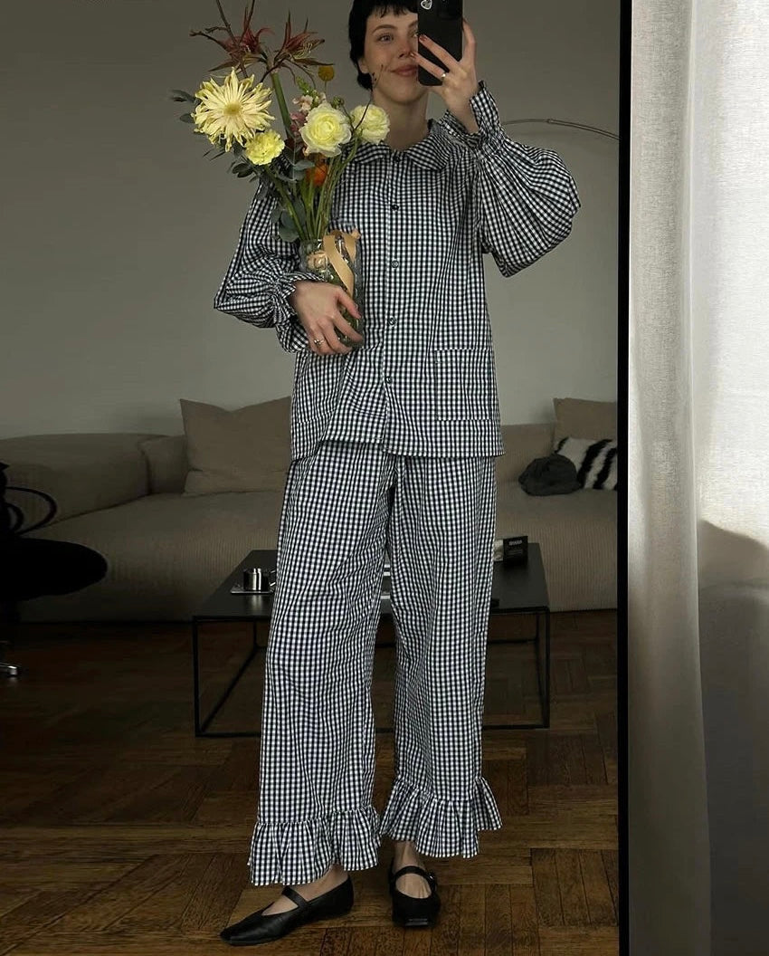 Plaid Two Piece Set with Oversized Shirt and Wide Leg Pants – Women’s Matching Set