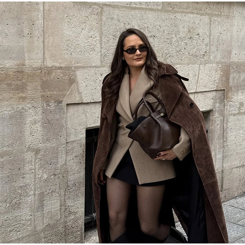 Brown Suede Long Overcoat for Women – Single Breasted Chic Autumn Outerwear