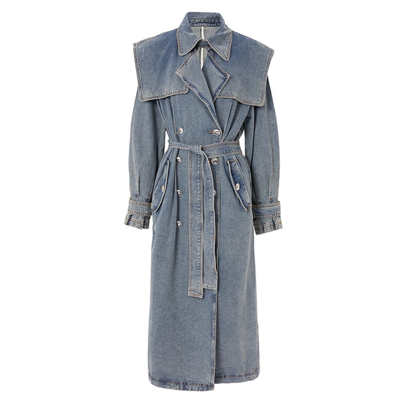 Denim Trench Coat with Belt – Women’s Long Denim Trench Coat
